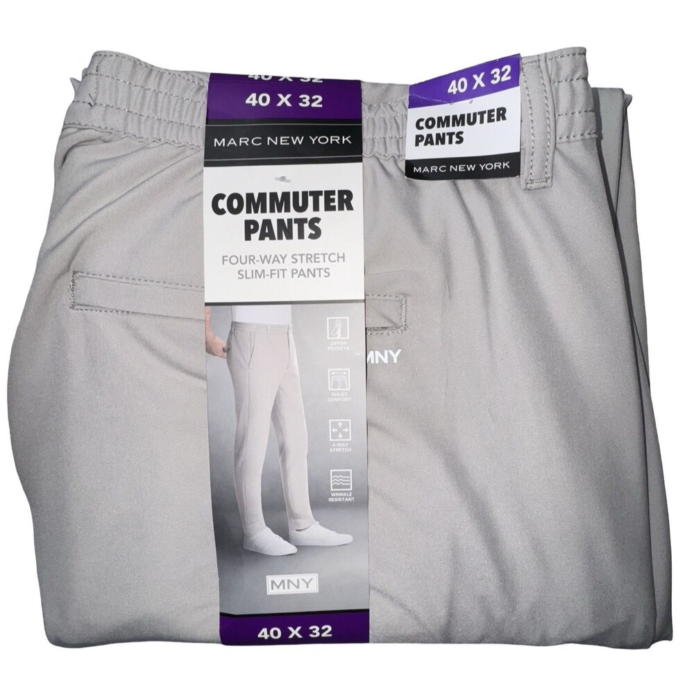 Marc New York Mens Pants Size 40x32 Gray Men's 4-Way Stretch Slim-Fit Commuter